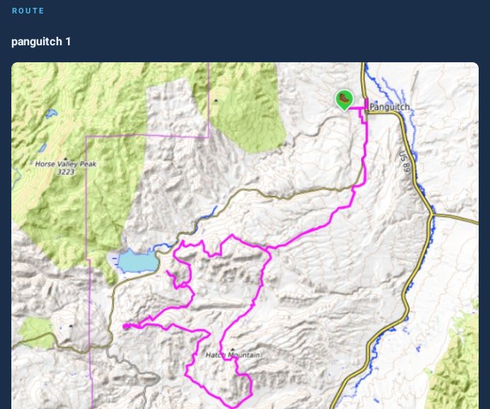 The ride form's route picture: the planner's route from the Panguitch trailhead, with the trailhead marked in green
